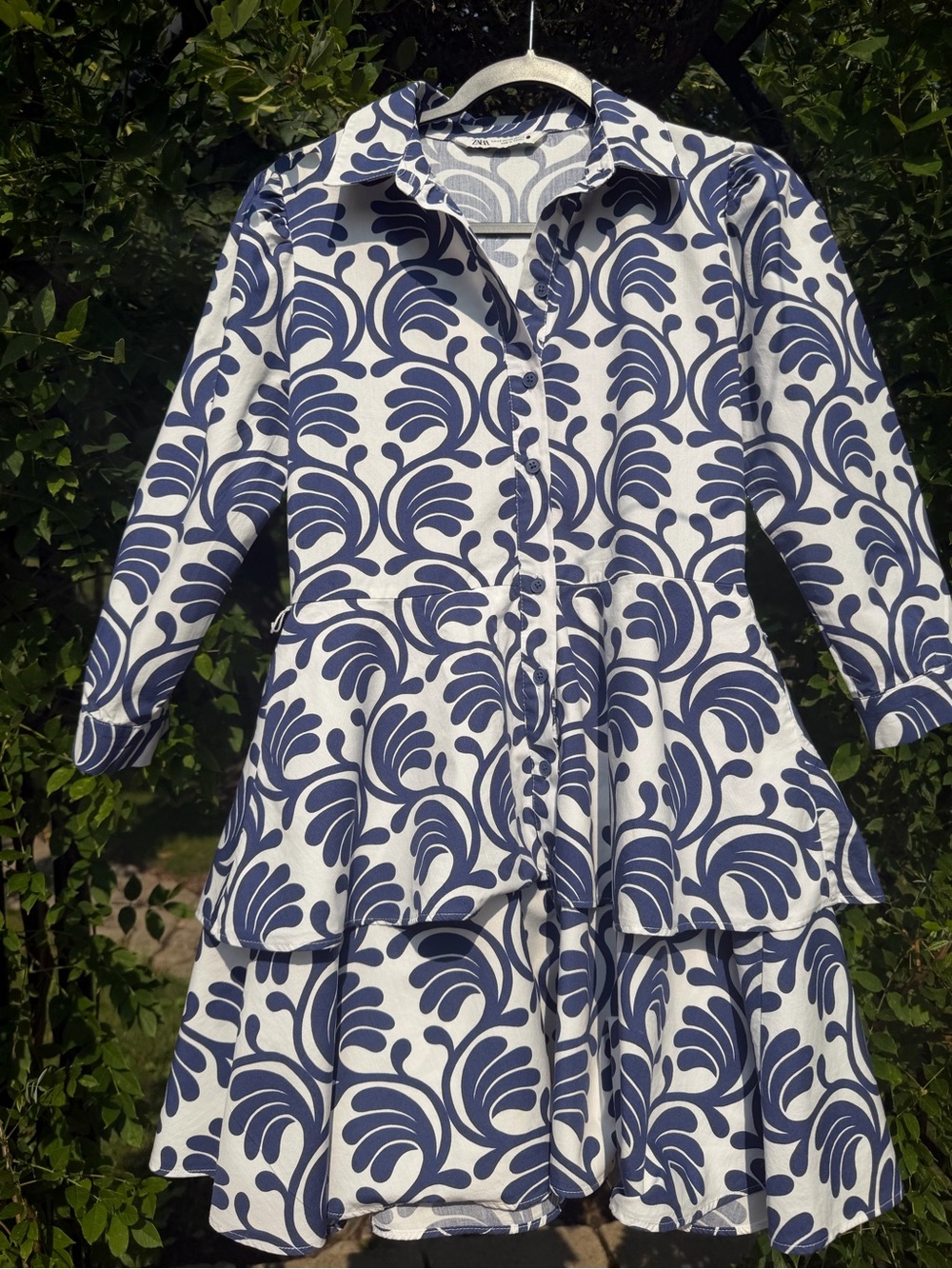 Zara White and Navy Floral Button-Front Tiered dress 100%Cotton